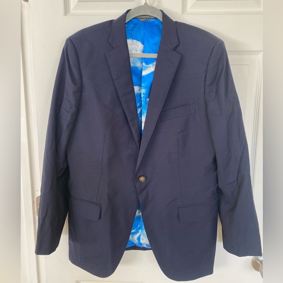 INDOCHINIO NWOT Navy Blazer w Vibrant Cloud Lining Shoulder Pads & Gold Buttons